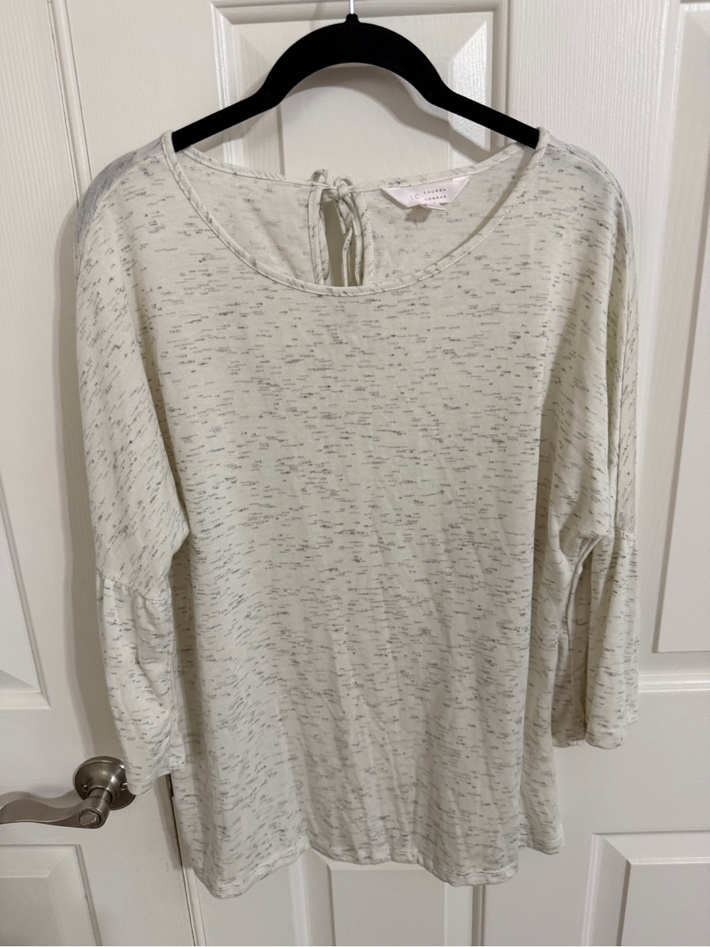 LC Lauren Conrad L Oatmeal Gray Marled Bell Sleeve Tie Back Keyhole Knit Top